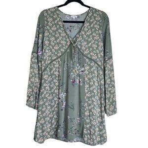 Love, Fire Green Bird and Floral Print Boho Tunic Sz Med